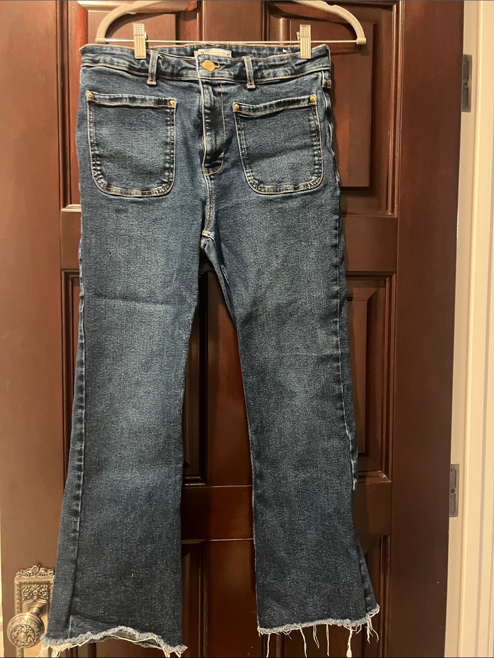 Zara Dark Blue Flare Jeans with Front Patch Pockets